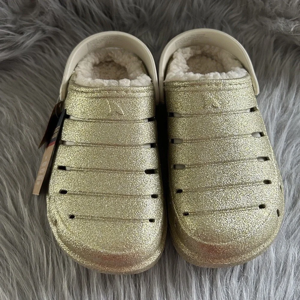 Rugged Shark Clogs Girls Size 2 Sparkly Gold Lined Slip On Shoes Sandals